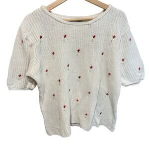 SERENGETI L Cotton Knit Floral Roses TUNIC TOP COTTON Short Sleeve